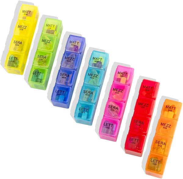 Astuccio portapillole (ITALIANO) TabTime, Organizer per pillole settimanale 7 giorni con 28 scomparti per pillole, pastiglie o medicinali, Pill box settimanale 4 dosi - immagine 3