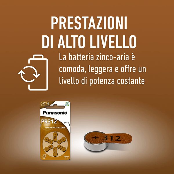 Panasonic PR312 Batterie zinco-aria per apparecchi acustici, Tipo 312, 1.4V, Batterie per apparecchi acustici, 10 confezioni (60 pezzi), marrone - immagine 6