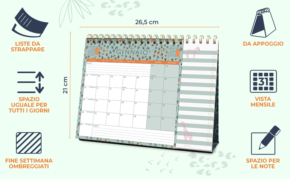 Il layout mensile del calendario con liste delle cose da fare da strappare e spazio per le note.