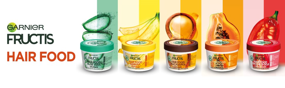 Hair food, maschera capelli, fructis, garnier, trattamento capelli, macadamia, banana, aloe, papaya