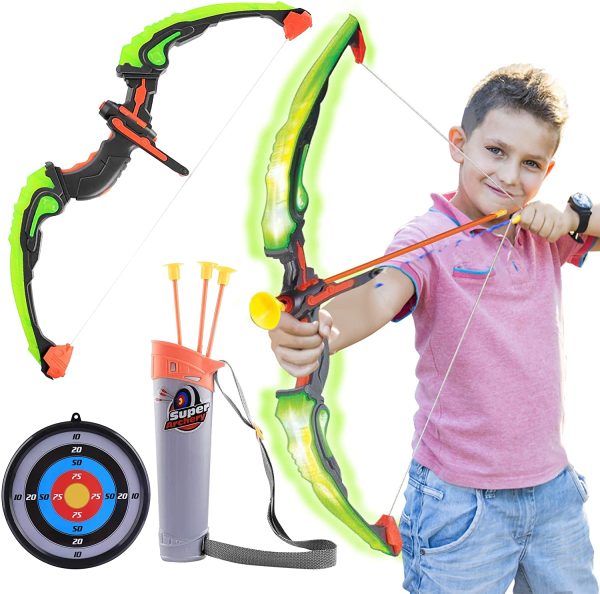 Oramics Set per tiro ad arco, 1 bersaglio, 1 supporto per freccia, 3 frecce, 1 frecce a LED, arco per bambini a partire dai 6 anni ?C Set di giocattoli per ragazzi e ragazze ?C gioco per interni ed esterni - immagine 4