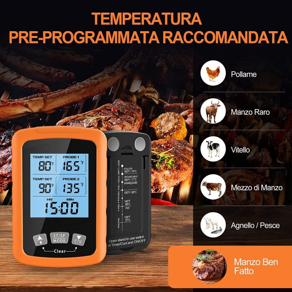 Termometro Cucina, Doppia Sonda Lunga da 6.4" Termometro Barbecue a Lettura Istantanea, Impermeabile Termometro Carne con Controluce LCD e Timer Cucina, per Forno Grigliare Caramelle Latte - immagine 3