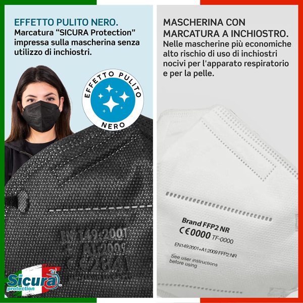 20 Mascherine FFP2 Certificate CE Nere Made in Italy con Elastici Neri logo SICURA impresso BFE ??99% Mascherina ffp2 italiana SANIFICATA e sigillata. Pluri certificata ISO 13485 e ISO 9001 - immagine 3