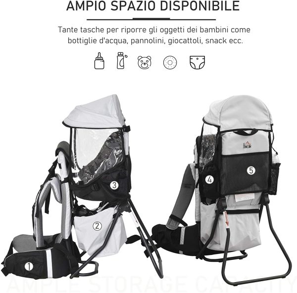 HOMCOM Zaino Porta Bimbo per Trekking, Pieghevole, Impermeabile e con Tettuccio Rimovibile 38x77x87.5cm, Grigio - immagine 8