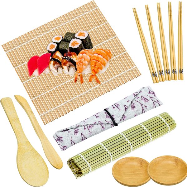 12 Pezzi Kit di Sushi Bamb?? Kit Fare Sushi Bamb?? Kit Completo in Bamb?? per Arrotolare Include 5 *Paia Bacchette 2 *Tappetini Arrotolare Sushi 2 *Piccolo Piatto 1* Spatola Riso 1* Paletta 1 *Sacco - immagine 3