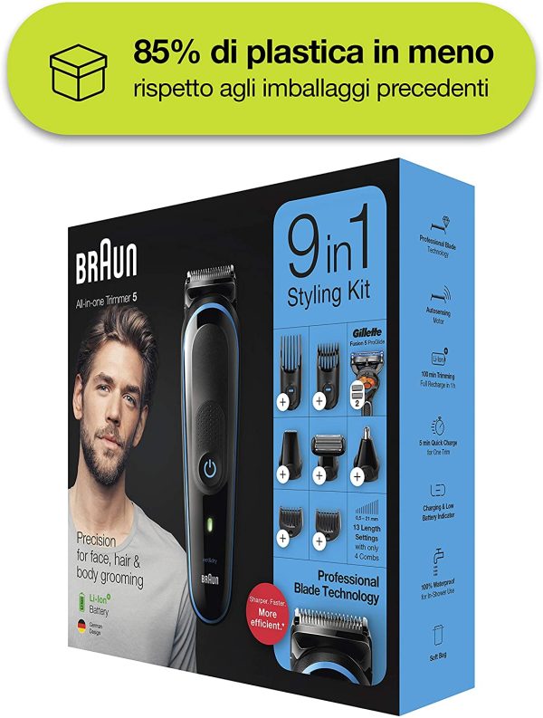 Braun Regolabarba Tagliacapelli Uomo Rasoio Incluso, Rifinitore Barba, 7 Accessori inclusi, 85% di Plastica in Meno, Idea Regalo, MGK5280 All-in-One Nero - immagine 2