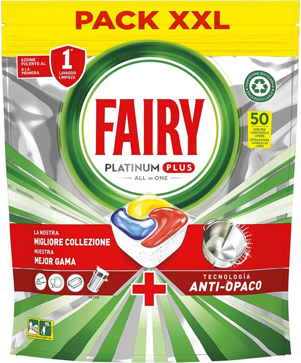 Fairy Platinum Plus Pastiglie Lavastoviglie, 50 Capsule Lavastoviglie, Detersivo Lavastoviglie al Limone, L'Ottima Pulizia Di Fairy Per Stoviglie, Tecnologia Anti-Opaco con Azione Brillante - immagine 5