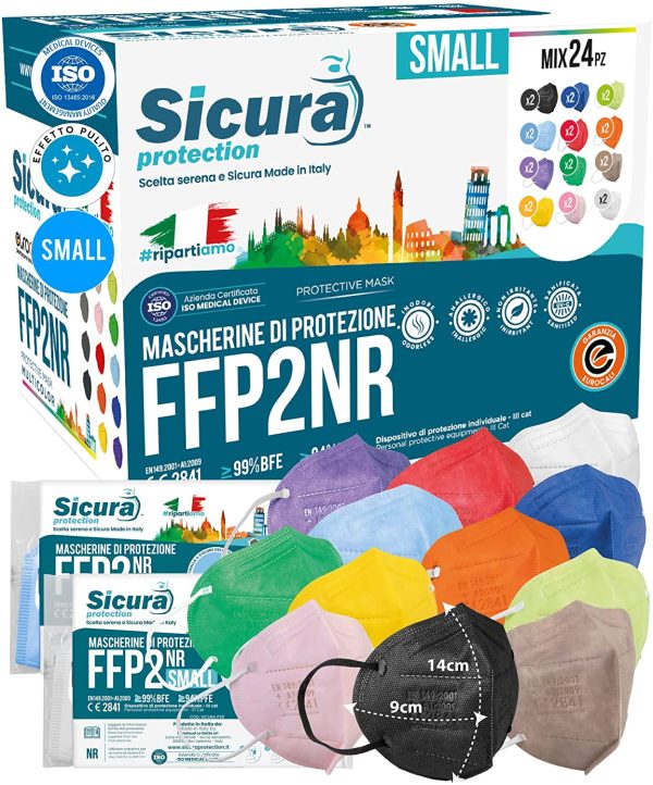 24 Mascherine FFP2 COLORATE Certificate Piccole Small Size Mix Bianche, Rosa, Verdi Mela, Nere, Blu, Azzurre, Arancioni, Gialle, Verdi Scuro, Rosse, Viola e Tortora SICURA BFE ??99% PFE ??94% - immagine 4