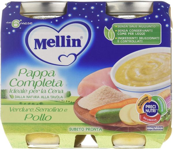 Mellin 132145 Pappa Completa Verdure Semolino e Pollo, 6 Confezioni da 400 Gr