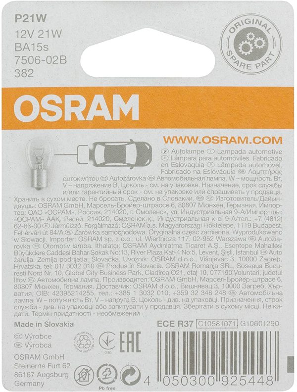 OSRAM Original 12V P21W lampada ausiliaria alogena 7506-02B in Blister doppio - immagine 2