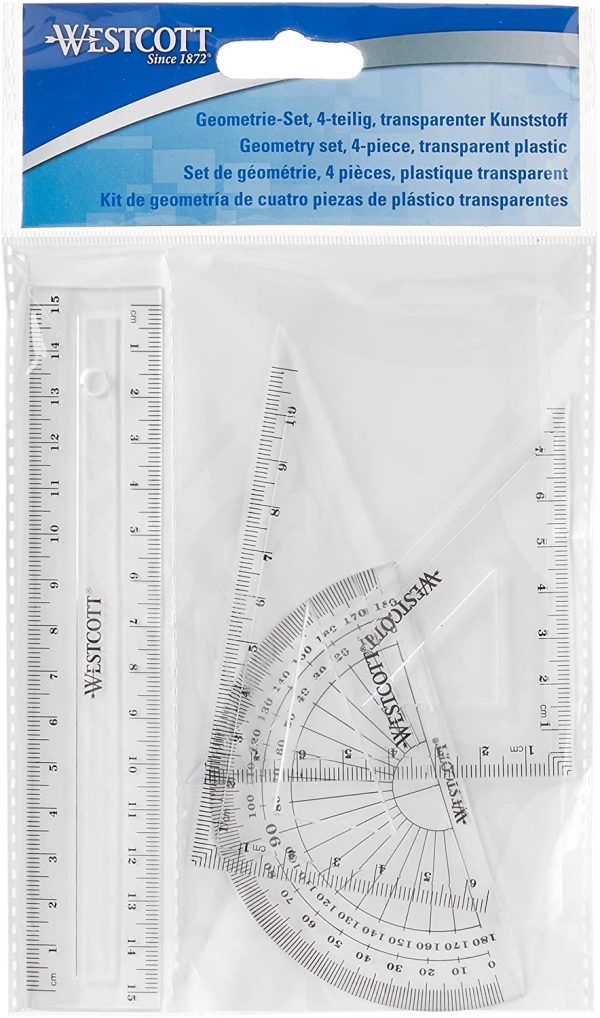 Westcott E-10303 00 Set matematica, 4 pezzi, plastica, trasparente, righello da 15 cm e goniometro - immagine 3