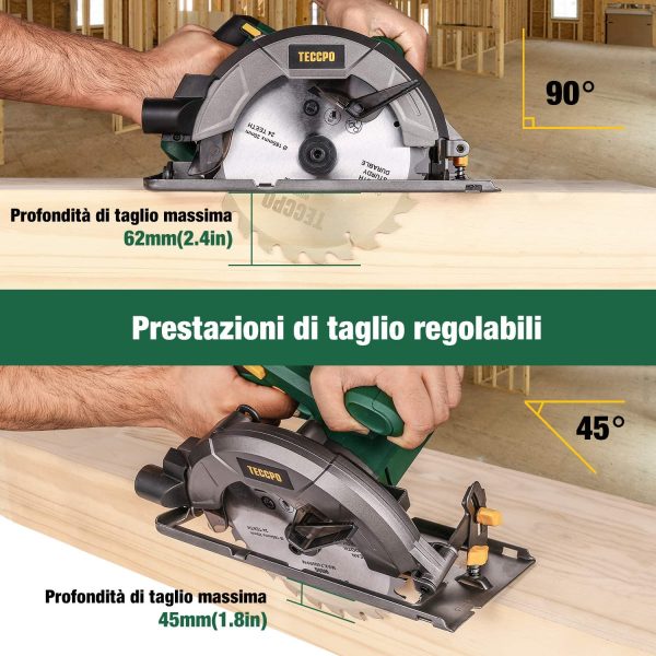 Sega Circolare,  Professionale 5800 RPM 1200W Sega Elettrica, con 24T lame 185mm, Profondit?? di taglio 63 mm (90 ??), 45 mm (45 ??), Protettore in Alluminio, Motore in Rame Puro - TACS22P - immagine 4