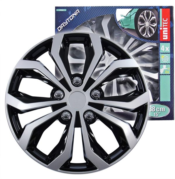 Cartrend 75568 Daytona - Coprimozzi per ruote auto, Fissaggio a 6 piedi con anello, Nero/ Argento, 15" (38.1 cm), Set di 4