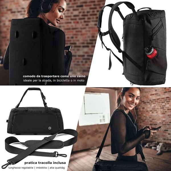 Borsone Palestra Training + Funzione Zaino, Scomparto per Scarpe e Bagnato | 40L Borsa Sportiva Viaggio Nuoto Fitness Sport Gym Sacca Tracolla Bagaglio Mano Weekend Duffel Bag Impermeabile Uomo Donne - immagine 6