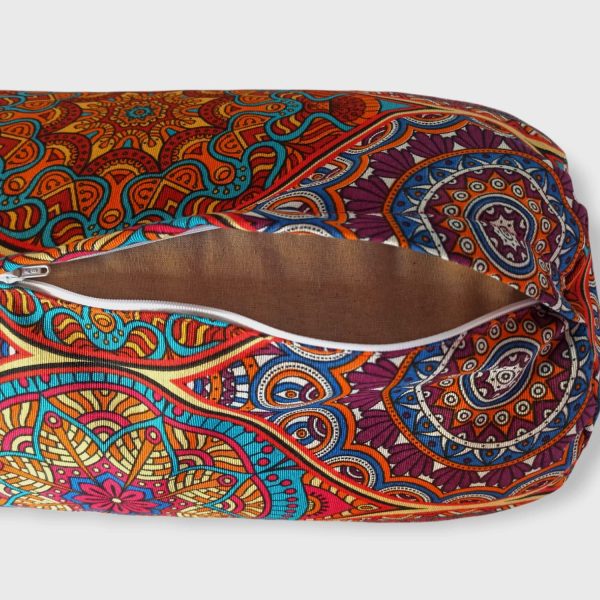 Bolster cilindrico per yoga "Mandala - Persia" - Cuscino yoga - Rivestimento sfoderabile e lavabile - Ripieno di pula di farro biologico - Maniglia per il trasporto - 64x20cm