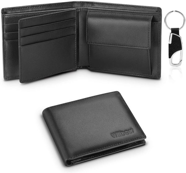 wilbest? Portafoglio Uomo Slim Vera Pelle Blocco RFID, Con Portamonete, Porta Chiavi, Porta Carte di Credito, Finestra ID, Scomparti Banconote e Confezione Regalo, Piccolo Brifold Portafogli - NERO - immagine 5