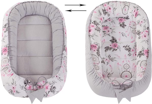 Set 5 pezzi per Neonati Nido Bozzolo Neonato 90x50 100% Cotone Babynest Inserto Removibile Cuscino Coperta per Bambini  (Acchiappasogni E Fiori Con Il Grigio Minky)