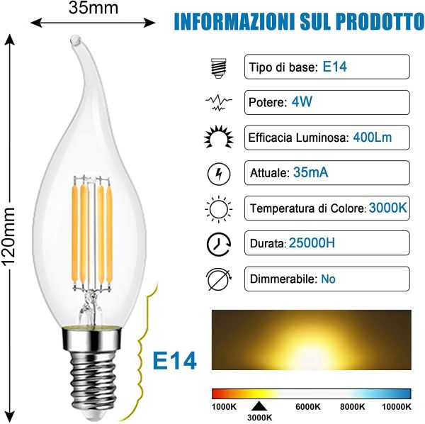 Lampadina Filamento LED Fiamma, Attacco E14, 4W Pari a 40W, Bianco Caldo 3000K, Confezione da 10 Pezzi - immagine 4