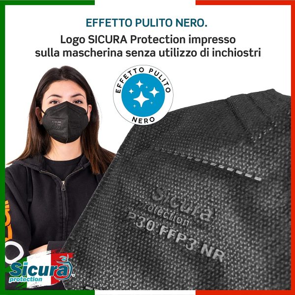 25 Mascherine FFP3 Certificate CE Nere Made in Italy e logo SICURA impresso PFE ??99% | BFE ??99% Mascherina ffp3 italiana SANIFICATA e sigillata singolarmente. Pluri certificata ISO 13485 e ISO 9001 - immagine 4