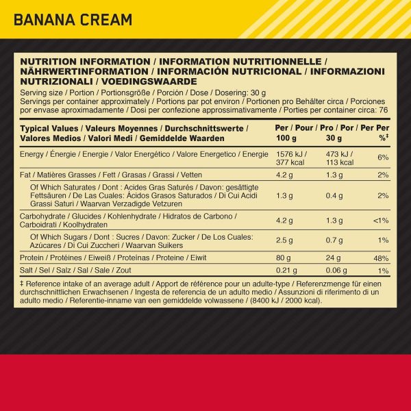 Optimum Nutrition Gold Standard 100% Whey Proteine in Polvere con Proteine Isolate, Aminoacidi e Glutammina per la Massa Muscolare, Crema di banana, 76 Porzioni, 2.28 kg - immagine 6