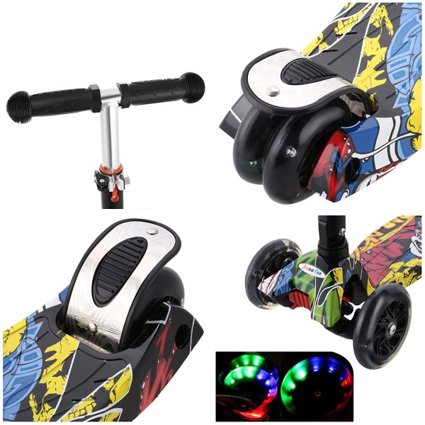 Profun Monopattino Pieghevole con 4 Ruote PU Luminose, Manubrio Regolabile Scooter con Graffiti per Ragazze e Ragazzi dai 3 agli 12 Anni,Carico Massimo 55KG - immagine 3