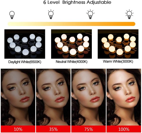 Aourow Luci da Specchio a LED in Stile Hollywood,Lampade da Toeletta con 10 Lampadine Dimmerabili,Lampada da Trucco a LED 5 Modalit?? Colore e 6 Luminosit?? per Specchio Cosmetico