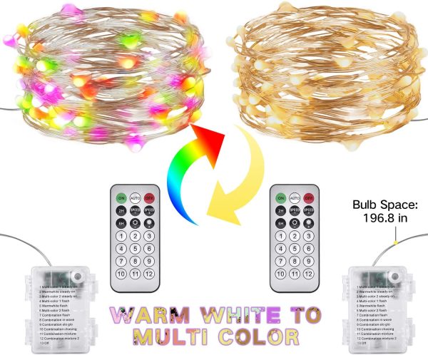 2 Pezzi Bianco Caldo e Multi-Colore Led Stringa Luci a Batteria, 5M 50 Leds Telecomando Timer 12 Modalit?? Scintillio Luci Delle Fate Alimentate a Batteria Filo D'Argento Luci di Lucciola - immagine 6