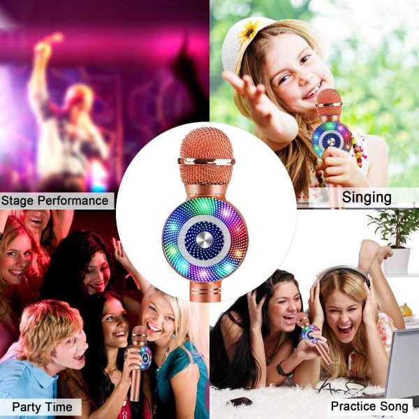 FISHOAKY Microfono Bambini, 4 in 1 Wireless Microfono Karaoke Bluetooth con LED Lampada Flash, Portatile Karaoke Player con Altoparlante per Cantare,Compatibile con Android/iOS Smartphone e PC - immagine 3