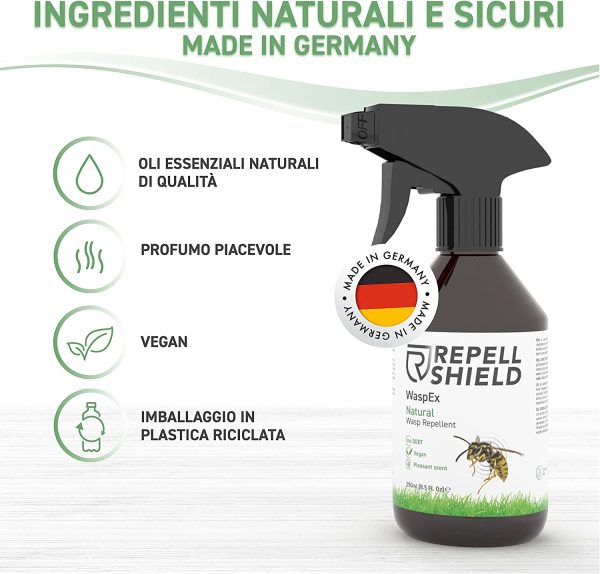 RepellShield Repellente Spray Vespe Api Naturale - Repellente Vespe Esterno e Nido Vespe - Repellente per Vespe e Calabroni a Lunga Durata - Alternativa Bio all'Insetticida Vespe e Calabroni, 250ml - immagine 2