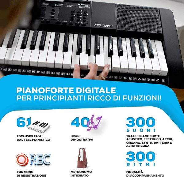 Alesis Melody 61 - Pianola, Tastiera Musicale Portatile con Cuffie, Casse Integrate, Microfono, Stand, Leggio, Sgabello e 61 Tasti - immagine 3