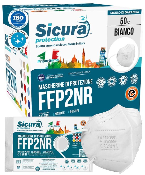 50 Mascherine FFP2 Certificate CE Made in Italy SICURA BFE ??99% Mascherina Produzione italiana e Sanificata. Pluricertificata ISO 13485 e ISO 9001 EN 149:2001+A1:2009 - immagine 2