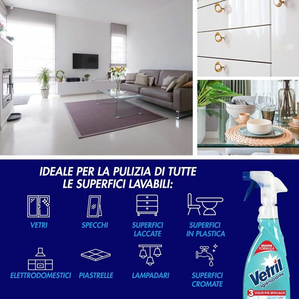 Vetril - Spray Igienizzante Vetri e Superfici, Contro Batteri e Cattivi Odori, Brillantezza Senza Aloni, 650 ml - immagine 3