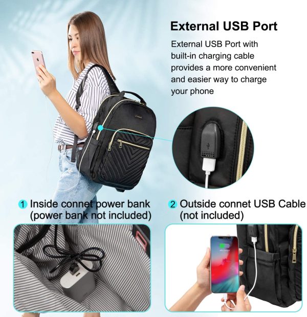 Zaino Donna Porta PC 15,6 Pollici, Impermeabile Zaino per Laptop con Caricatore USB, Nero Zaino Computer per Universit?? Viaggi Lavoro Scuola Ufficio - immagine 6