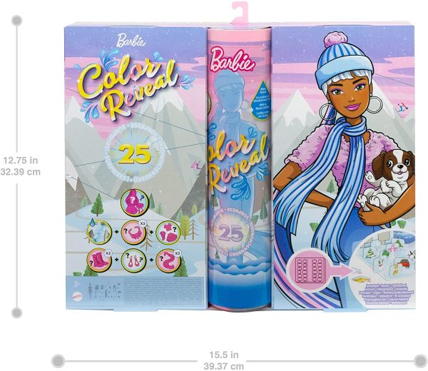 Barbie - Calendario Dell'Avvento Color Reveal con 25 Sorprese, Tra Cui 1 Bambola e 1 Cucciolo, HBT74