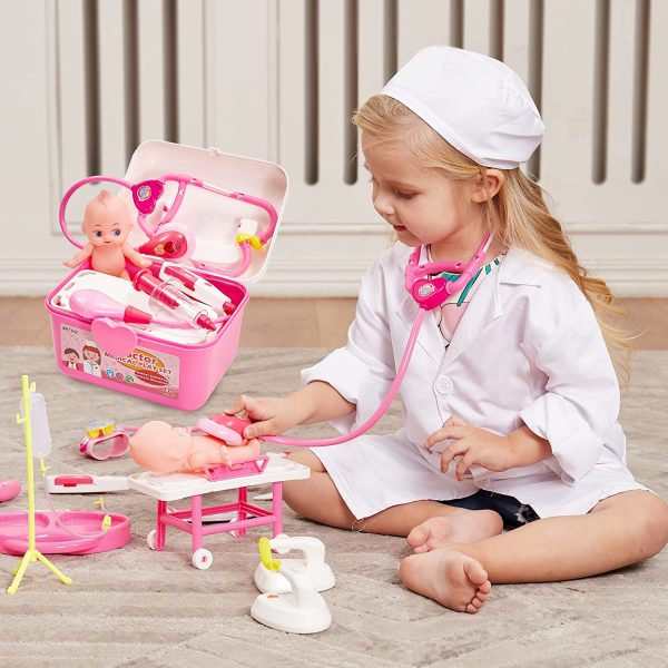 BUYGER Valigetta Dottore Bambini Giocattolo con Costume da Dottore, Kit Medico Giocattolo Bambini 3 4 5 Anni, Kit Dottoressa Bambina - immagine 2