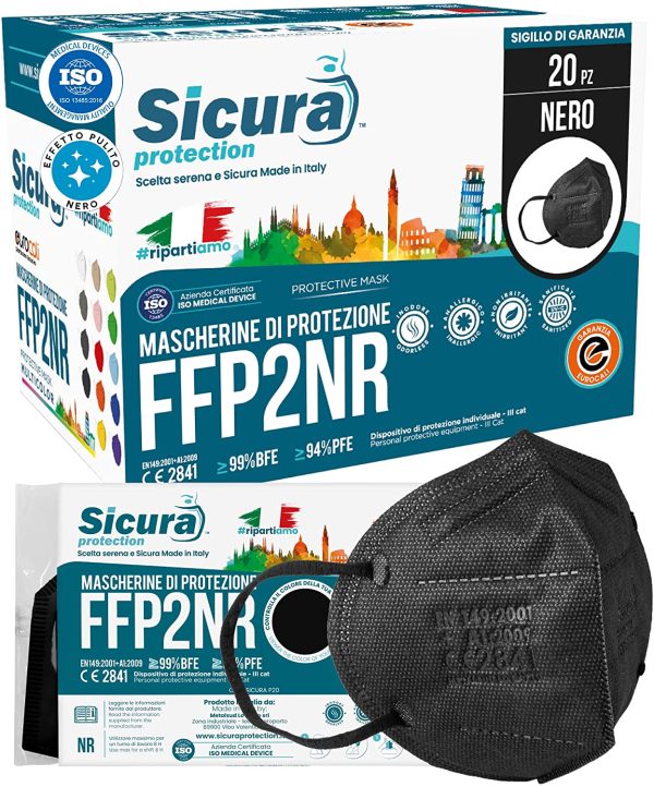 20 Mascherine FFP2 Certificate CE Nere Made in Italy con Elastici Neri logo SICURA impresso BFE ??99% Mascherina ffp2 italiana SANIFICATA e sigillata. Pluri certificata ISO 13485 e ISO 9001 - immagine 4