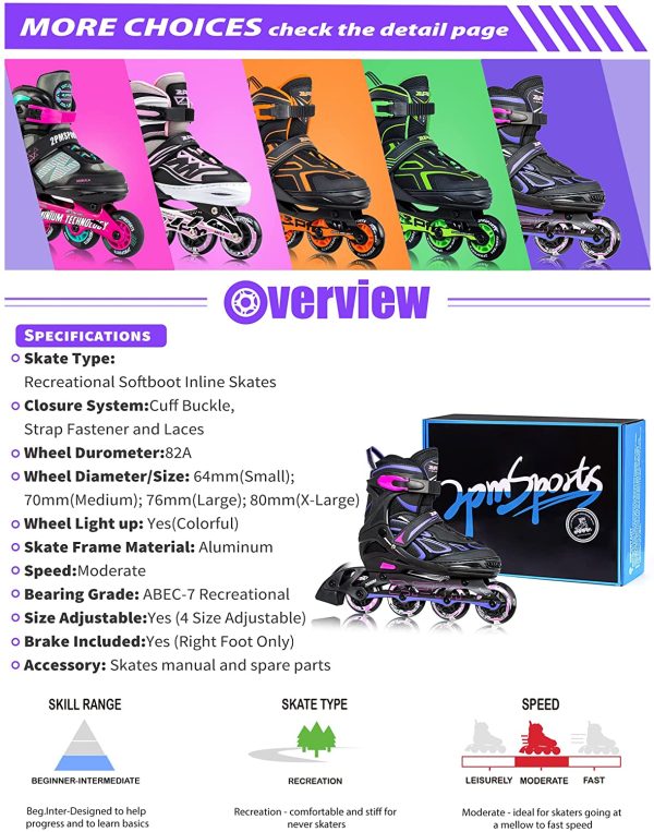 2PM SPORTS Brice Pattini in Linea Regolabili, Ruote Illumina LED, Divertente Inline Skates per Bambina e Bambino e Bambini - Verde/Rosa/Azzurro/Viola