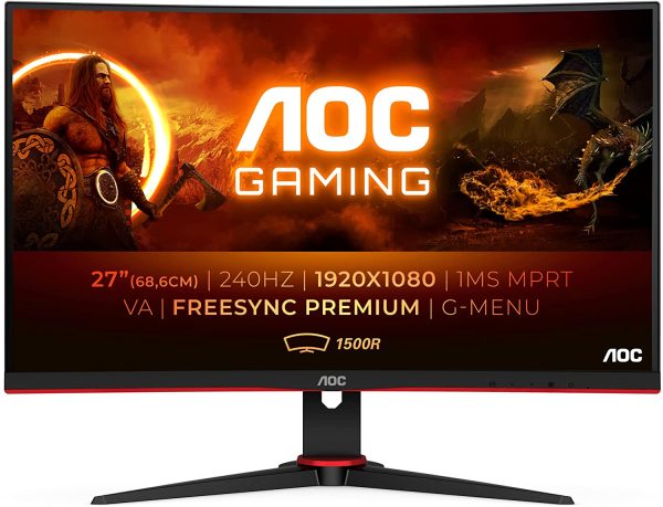 AOC Gaming C27G2ZE - Monitor curvo FHD da 27 pollici, 240 Hz, 0,5 ms, FreeSync Premium (1920 x 1080, HDMI, DisplayPort), nero/rosso