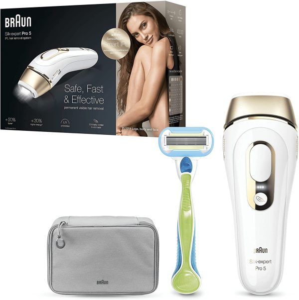 Braun Silk-expert Pro 5 Epilatore Luce Pulsata, Alternativa al Laser, Per Corpo e Viso, Riduzione dei Peli fino a 6 Mesi, Custodia da Viaggio, Idea Regalo, PL5014 Bianco e Oro - immagine 5