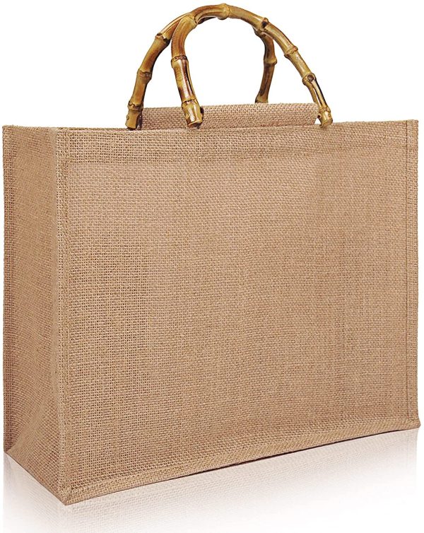 Borsa per la Spesa Portatile, Borsa Juta Naturale Impermiabile, Borsa in Juta Naturale con Manico in Bamb??, Borsa da Donna da Rivestire Riutilizzabile, Perfetto per shopping, picnic, regali, etc - immagine 4