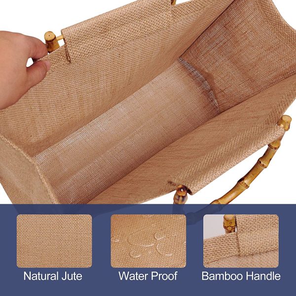 Borsa per la Spesa Portatile, Borsa Juta Naturale Impermiabile, Borsa in Juta Naturale con Manico in Bamb??, Borsa da Donna da Rivestire Riutilizzabile, Perfetto per shopping, picnic, regali, etc