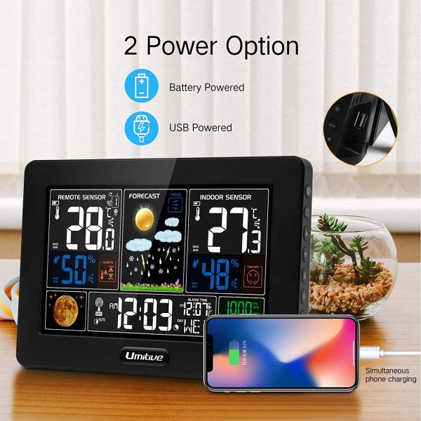 Umitive Stazione Meteo con 3 Sensore Esterno Interno, Meteorologica Display a Colori con Allarme, Temperatura, umidit??, Data, Barometrico, Previsioni di Tempo, Sveglia e Fase Lunare - immagine 4