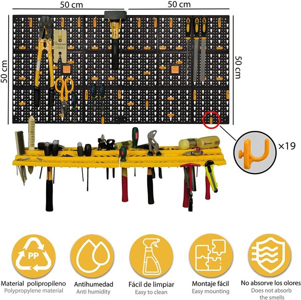 Kit due pannelli per attrezzi 50x50 cm completi di due mensole e 50 ganci assortiti, in plastica, nero/arancione - immagine 4