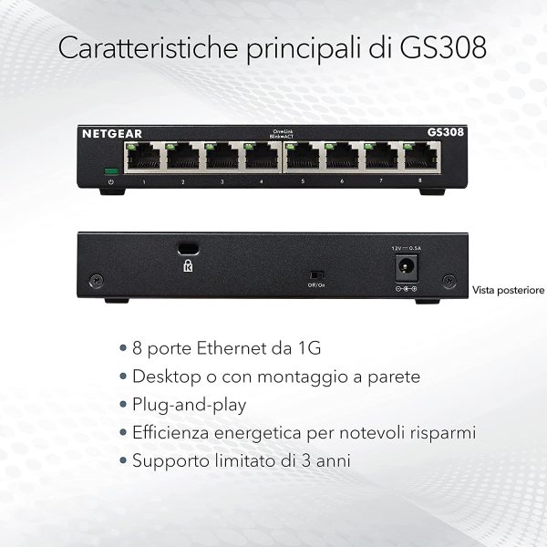 Switch Ethernet 8 Porte Unmanaged GS308, Hub di Rete Domestica, Switch Gigabit per Ufficio, Plug-and-Play, Funzionamento Silenzioso, Montaggio Desktop o a Parete - immagine 5