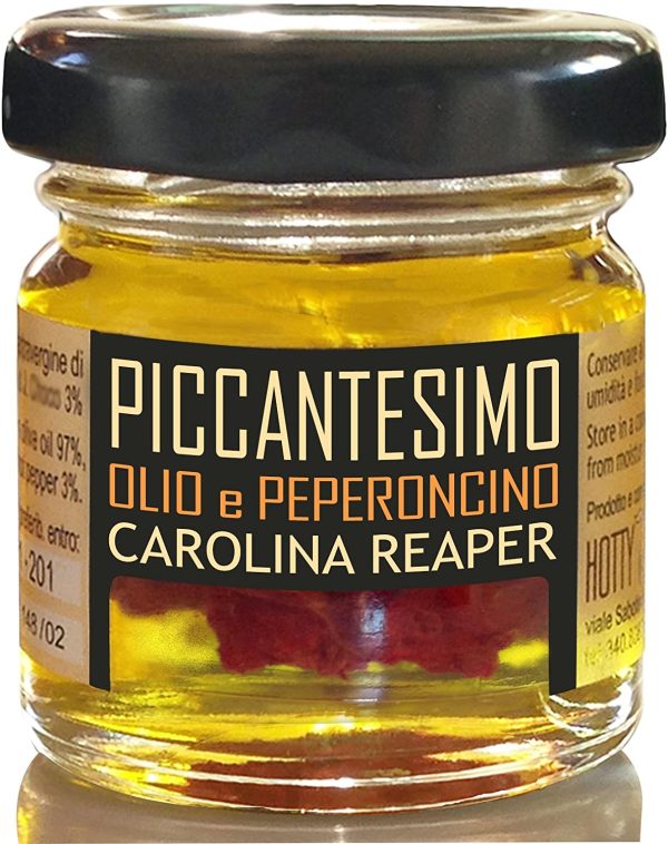 PICCANTESIMO Olio con CAROLINA REAPER - Piccante ESTREMO - Olio Extravergine Oliva al Peperoncino 1?? Guinness World Record Vaso Vetro 30ml - immagine 4