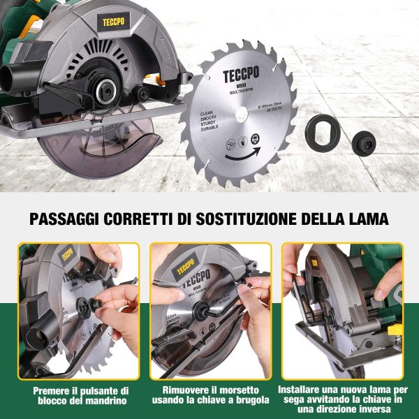 Sega Circolare,  Professionale 5800 RPM 1200W Sega Elettrica, con 24T lame 185mm, Profondit?? di taglio 63 mm (90 ??), 45 mm (45 ??), Protettore in Alluminio, Motore in Rame Puro - TACS22P - immagine 6