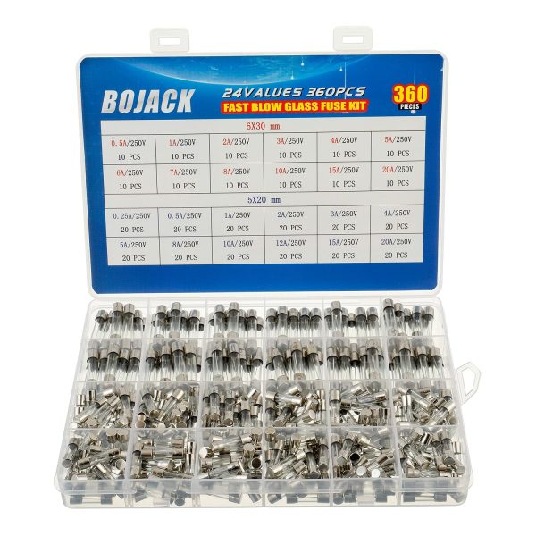 BOJACK 24 Valori 360 pezzi Kit di classificazione dei fusibili in vetro a fusione rapida 250V 5x20mm 6x30mm 0.25 0.5 1 2 3 4 5 6 7 8 10 12 15 20A packag in una scatola di plastica trasparente