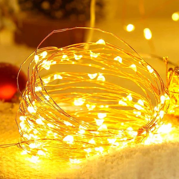 Stringa Luci Led a Batteria, 1 Pezzi 10 metri 100 Led Rame filo Catene Luminose Lucine Fata Luci per Natale Matrimonio Decorative Festa Interno Natalizie letto Camera(Bianco Caldo)