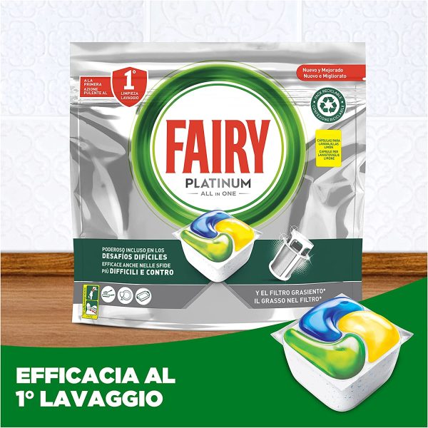 Fairy Platinum Pastiglie Lavastoviglie, 125 Lavaggi, 5 x 25 Capsule Lavastoviglie, Detersivo Lavastoviglie al Limone, con Sistema di Prelavaggio Integrato, Efficace nei Cicli Ecologici - immagine 3