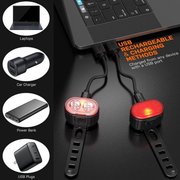 Set di Luci per Bici, Luci Bicicletta Ricaricabili USB, Luce Anteriore e posteriore Bici a LED Ultra Luminose, Faro IPX5 Impermeabile Ciclismo su Strada di Montagna e Fanale Posteriore 4/6 Modalit?? - immagine 7